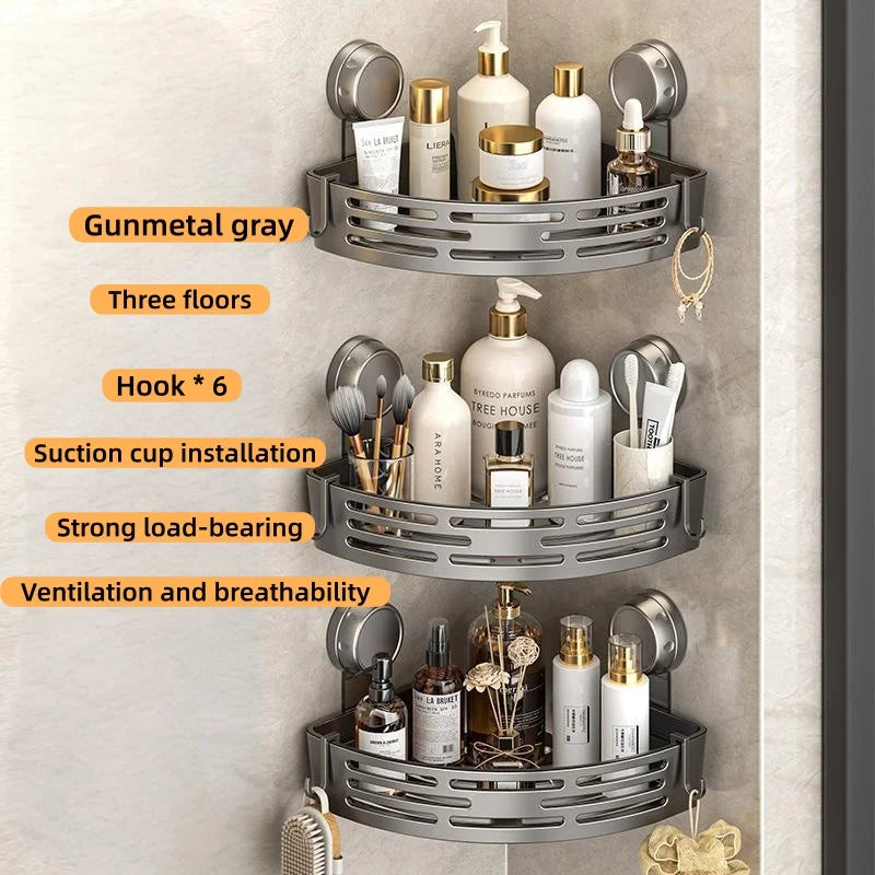 No Drill 3-Tier Corner Shower Caddy, Strong Suction Cup Shelf with Towel Bar & Hooks - Spacious Bathroom Organizer
