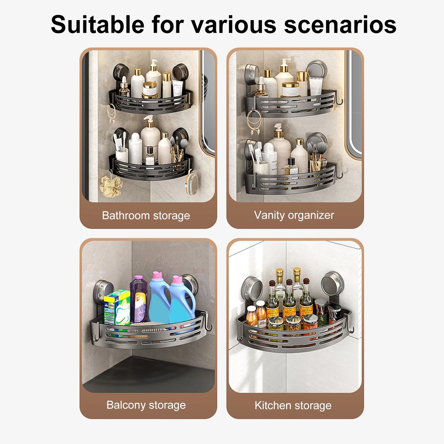Triangle Bathroom and Kitchen Storage Organizer with Hooks No Drilling Removable Shower Organizer for Home Decor & Storage