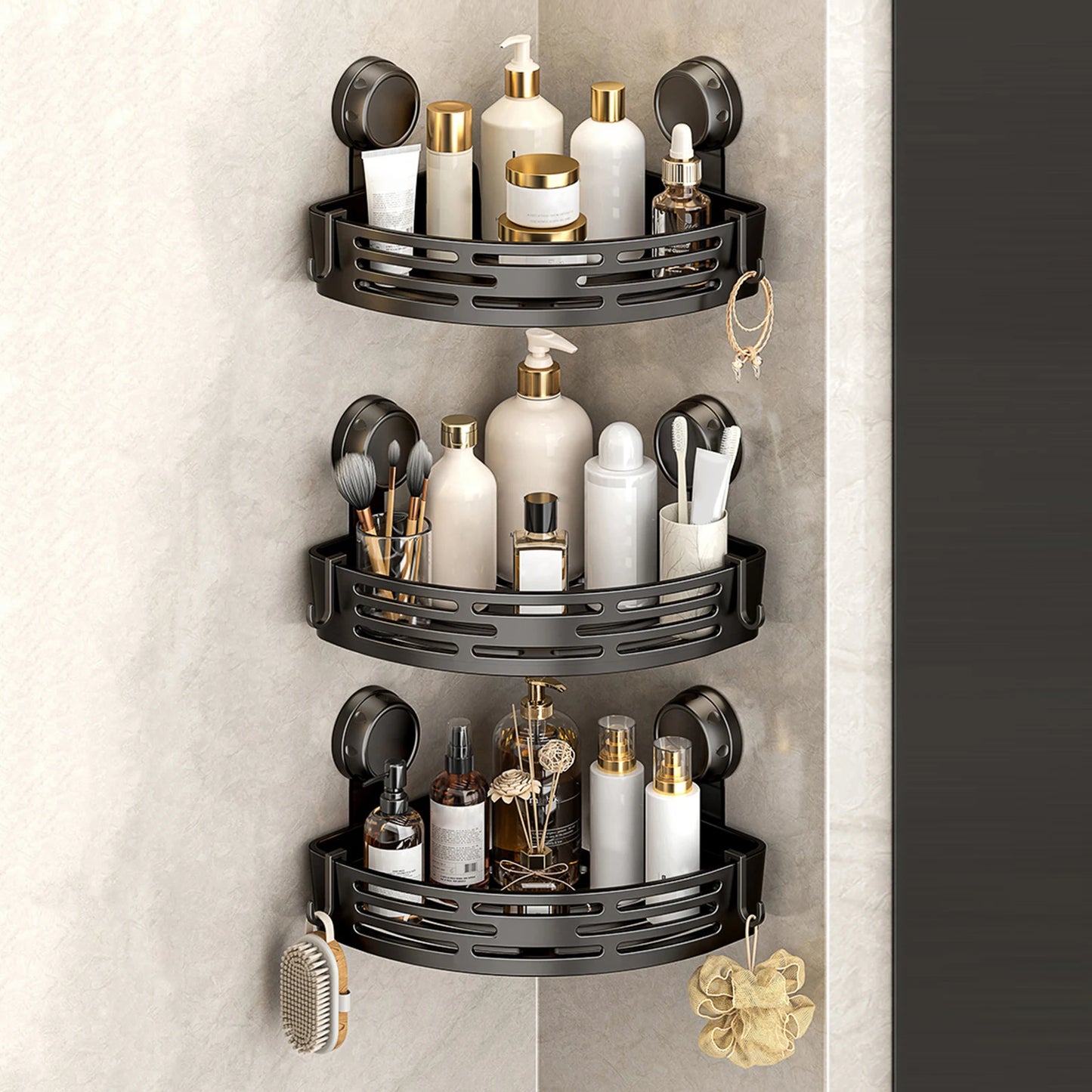 Triangle Bathroom and Kitchen Storage Organizer with Hooks No Drilling Removable Shower Organizer for Home Decor & Storage