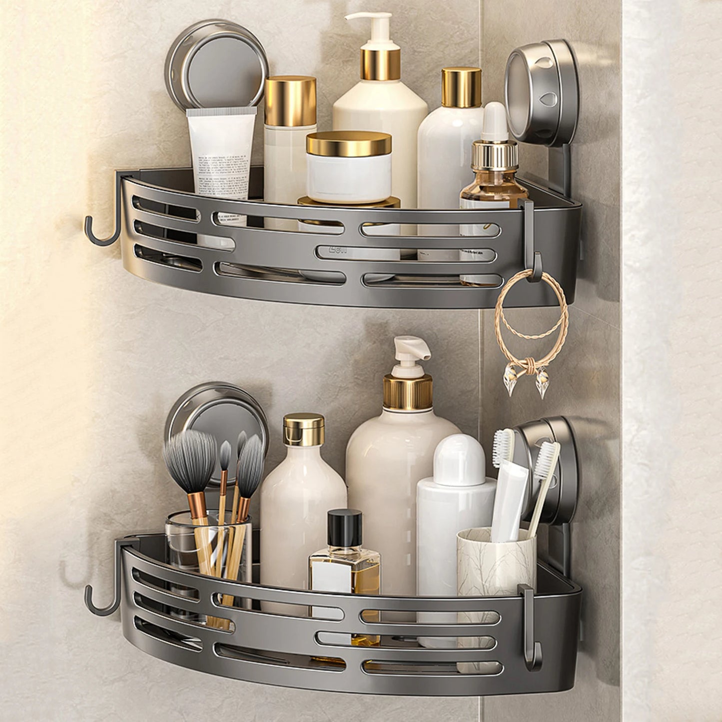 Triangle Bathroom and Kitchen Storage Organizer with Hooks No Drilling Removable Shower Organizer for Home Decor & Storage