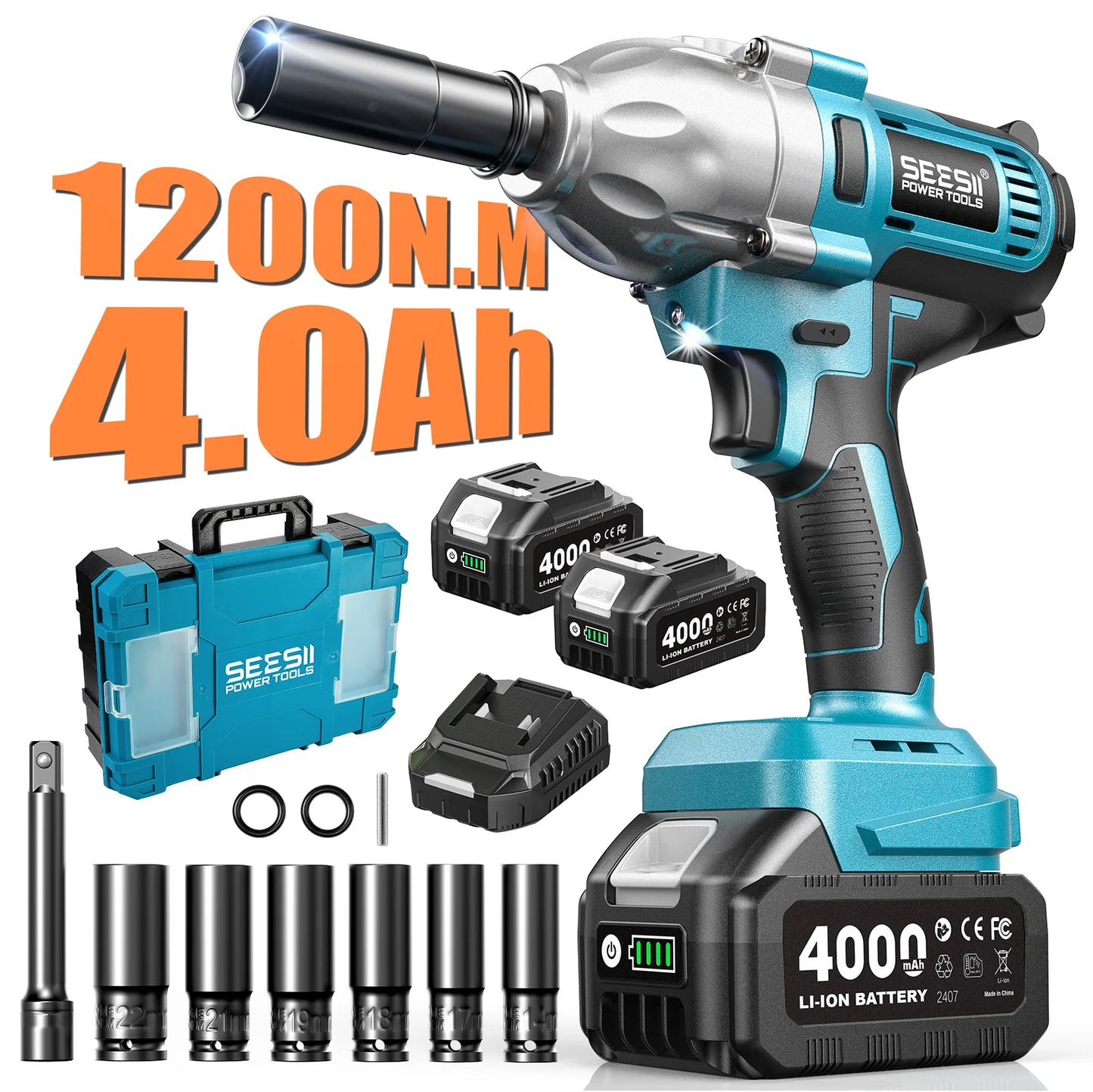 Seesii Impact Wrench 1200N.m 1/2 High Torque Electric Impact Driver Gun Cordless with 21V 2x4.0Ah Battery 6 Sockets Removal Tool