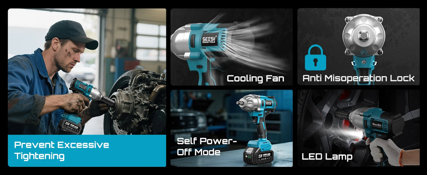 Seesii Impact Wrench 1200N.m 1/2 High Torque Electric Impact Driver Gun Cordless with 21V 2x4.0Ah Battery 6 Sockets Removal Tool