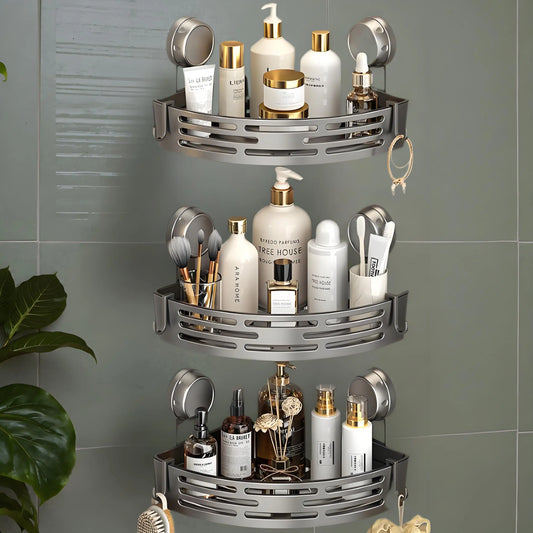 No Drill 3-Tier Corner Shower Caddy, Strong Suction Cup Shelf with Towel Bar & Hooks - Spacious Bathroom Organizer
