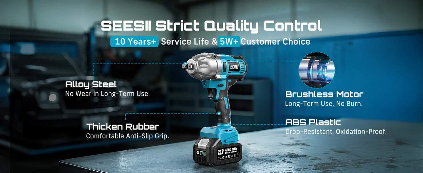 Seesii Impact Wrench 1200N.m 1/2 High Torque Electric Impact Driver Gun Cordless with 21V 2x4.0Ah Battery 6 Sockets Removal Tool