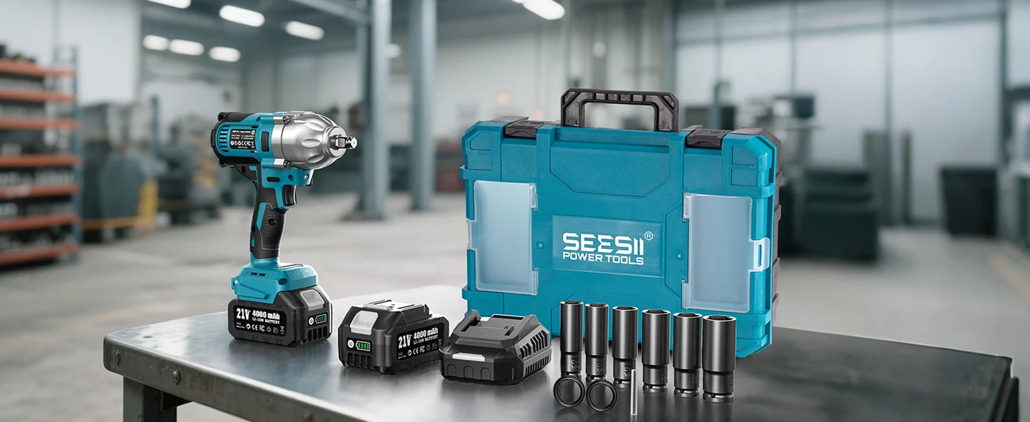 Seesii Impact Wrench 1200N.m 1/2 High Torque Electric Impact Driver Gun Cordless with 21V 2x4.0Ah Battery 6 Sockets Removal Tool