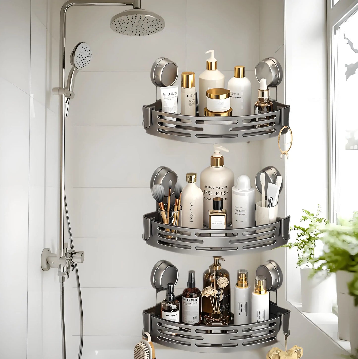 No Drill 3-Tier Corner Shower Caddy, Strong Suction Cup Shelf with Towel Bar & Hooks - Spacious Bathroom Organizer