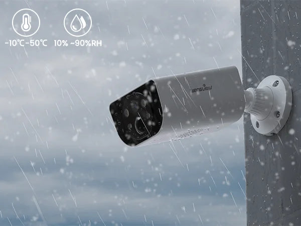 Outdoor security camera with weather resistance features on a rainy background