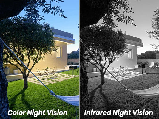Comparison of color night vision and infrared night vision in a backyard setting.